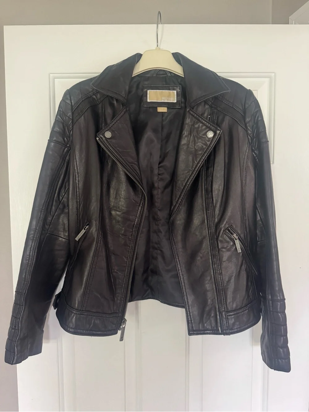 Michael Kors Black Leather Moto Jacket with Zip Pockets